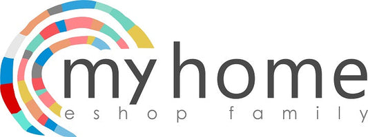 Детайлен изглед на логото на My Home Eshop Family, показващ ярки цветни сегменти и ясен сив текст върху бял фон Papilora.