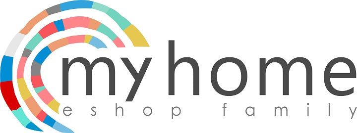 Платно с логото на My Home Eshop Family, изобразяващо цветни сегменти, образуващи полукръг, и сив текст на бял фон, окачено в модерен интериор над дървена конзола Papilora.