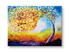 В бохо стил картина с мотив дърво, пейзаж, небе в бяло-синьо нюанси | Авторска репродукция на платно ДЪРВЕТА, природа и растеж и развитие – преглед