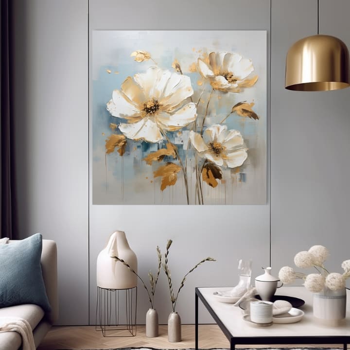 Индустриална картина на платно с мотив Symfónia elegancie, цветя, макове, листа, пейзаж в бяло-бежово нюанси, спокойна атмосфера, подходяща за коридор – продукт