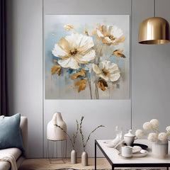 Индустриална картина на платно с мотив Symfónia elegancie, цветя, макове, листа, пейзаж в бяло-бежово нюанси, спокойна атмосфера, подходяща за коридор – продукт