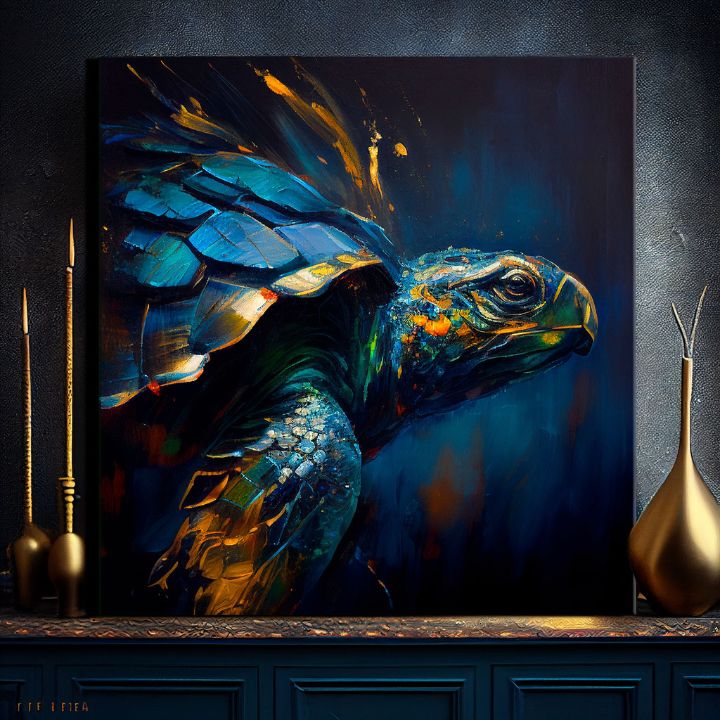Поп арт картина на платно с мотив PREMIUM ART - Green Turtle Odyssey, океан, пейзаж, природа в синьо-златно нюанси, спокойна атмосфера, подходяща за хол – продукт
