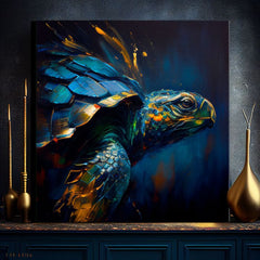 Поп арт картина на платно с мотив PREMIUM ART - Green Turtle Odyssey, океан, пейзаж, природа в синьо-златно нюанси, спокойна атмосфера, подходяща за хол – продукт