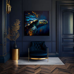 Поп арт картина на платно с мотив PREMIUM ART - Green Turtle Odyssey, океан, пейзаж, природа в синьо-златно нюанси, спокойна атмосфера, подходяща за хол – продукт, изглед 2