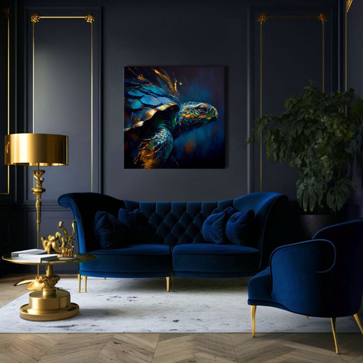 Поп арт картина на платно с мотив PREMIUM ART - Green Turtle Odyssey, океан, пейзаж, природа в синьо-златно нюанси, спокойна атмосфера, подходяща за хол – продукт, изглед 3