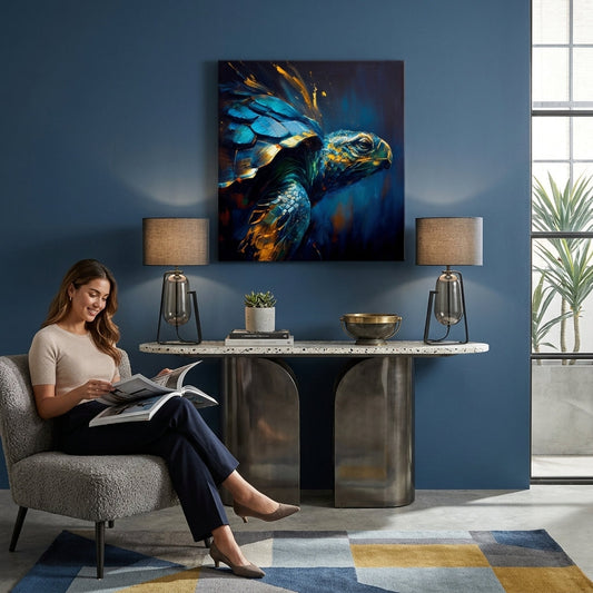 Поп арт картина на платно с мотив PREMIUM ART - Green Turtle Odyssey, океан, пейзаж, природа в синьо-златно нюанси окачена в интериор на хол – интериор