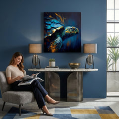 Поп арт картина на платно с мотив PREMIUM ART - Green Turtle Odyssey, океан, пейзаж, природа в синьо-златно нюанси окачена в интериор на хол – интериор