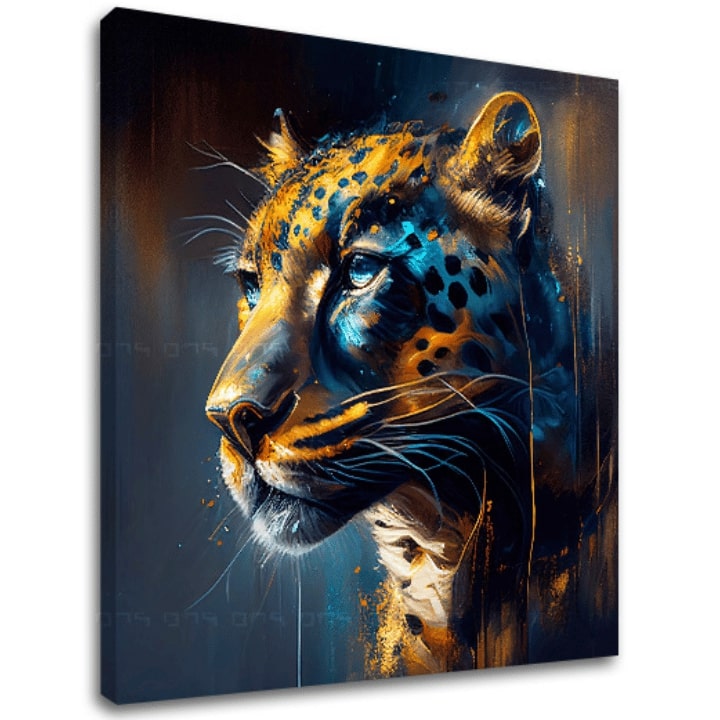 Арт деко картина на платно с мотив PREMIUM ART - Jaguar's Grace in the Wild в синьо-оранжево нюанси, интензивна атмосфера, подходяща за работен кабинет – основна