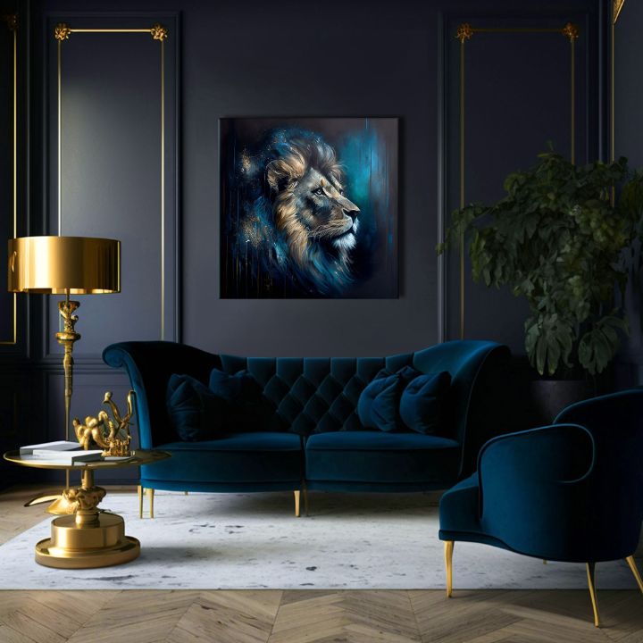Арт деко картина на платно с мотив PREMIUM ART - Lion's Strength and Grace, лъв в синьо-оранжево нюанси, величествена атмосфера, подходяща за офис – продукт, изглед 3