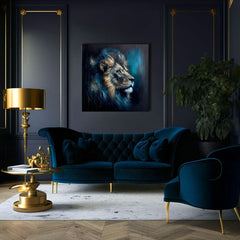 Арт деко картина на платно с мотив PREMIUM ART - Lion's Strength and Grace, лъв в синьо-оранжево нюанси, величествена атмосфера, подходяща за офис – продукт, изглед 3