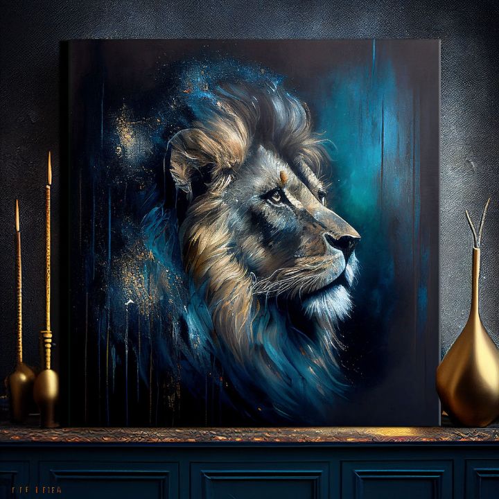 Арт деко картина на платно с мотив PREMIUM ART - Lion's Strength and Grace, лъв в синьо-оранжево нюанси, величествена атмосфера, подходяща за офис – продукт