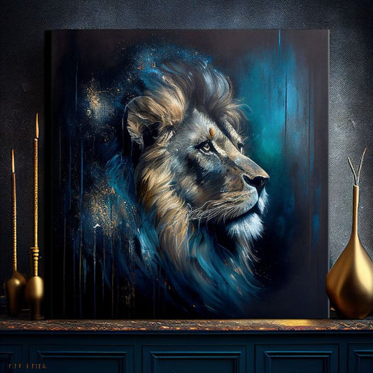 Арт деко картина на платно с мотив PREMIUM ART - Lion's Strength and Grace, лъв в синьо-оранжево нюанси, величествена атмосфера, подходяща за офис – продукт