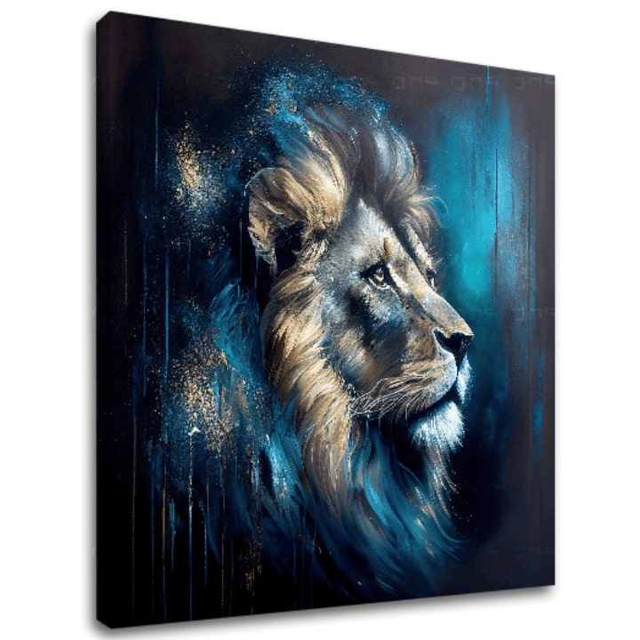 Арт деко картина на платно с мотив PREMIUM ART - Lion's Strength and Grace, лъв в синьо-оранжево нюанси, величествена атмосфера, подходяща за офис – основна