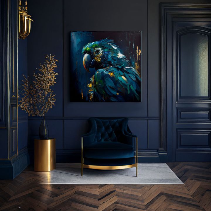Поп арт картина на платно с мотив PREMIUM ART - Rainbow Feathers in Flight, птица в синьо-зелено нюанси, драматична атмосфера, подходяща за работен кабинет – продукт, изглед 2