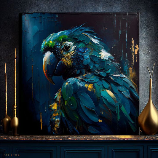 Поп арт картина на платно с мотив PREMIUM ART - Rainbow Feathers in Flight, птица в синьо-зелено нюанси, драматична атмосфера, подходяща за работен кабинет – продукт
