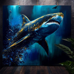 В бохо стил картина на платно с мотив PREMIUM ART - Shark Force in Dark Water, океан, море и плаж в синьо-златно нюанси, величествена атмосфера – продукт