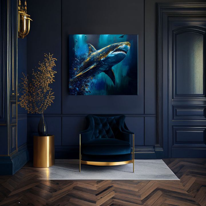 В бохо стил картина на платно с мотив PREMIUM ART - Shark Force in Dark Water, океан, море и плаж в синьо-златно нюанси, величествена атмосфера – продукт, изглед 3