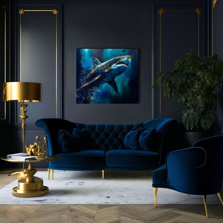 В бохо стил картина на платно с мотив PREMIUM ART - Shark Force in Dark Water, океан, море и плаж в синьо-златно нюанси, величествена атмосфера – продукт, изглед 2