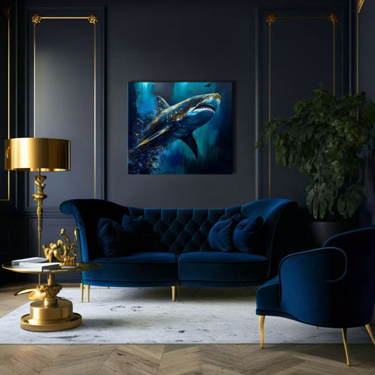 В бохо стил картина на платно с мотив PREMIUM ART - Shark Force in Dark Water, океан, море и плаж в синьо-златно нюанси, величествена атмосфера – продукт, изглед 2