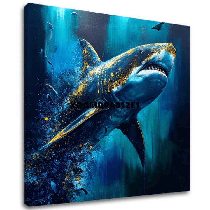 В бохо стил картина на платно с мотив PREMIUM ART - Shark Force in Dark Water, океан, море и плаж в синьо-златно нюанси, величествена атмосфера – основна