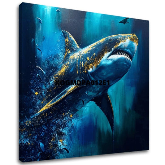 В бохо стил картина на платно с мотив PREMIUM ART - Shark Force in Dark Water, океан, море и плаж в синьо-златно нюанси, величествена атмосфера – основна