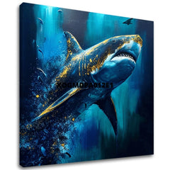 В бохо стил картина на платно с мотив PREMIUM ART - Shark Force in Dark Water, океан, море и плаж в синьо-златно нюанси, величествена атмосфера – основна