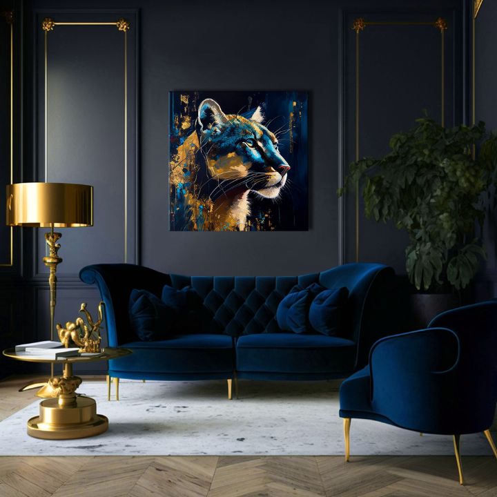 Арт деко картина на платно с мотив PREMIUM ART - Silent Puma's Gaze, пейзаж, природа в синьо-златно нюанси, величествена атмосфера, подходяща за работен кабинет – продукт, изглед 2