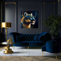 Арт деко картина на платно с мотив PREMIUM ART - Silent Puma's Gaze, пейзаж, природа в синьо-златно нюанси, величествена атмосфера, подходяща за работен кабинет – продукт, изглед 2