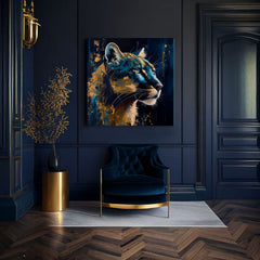 Арт деко картина на платно с мотив PREMIUM ART - Silent Puma's Gaze, пейзаж, природа в синьо-златно нюанси, величествена атмосфера, подходяща за работен кабинет – продукт