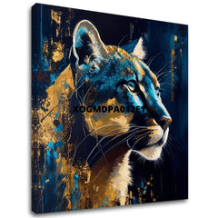 Арт деко картина на платно с мотив PREMIUM ART - Silent Puma's Gaze, пейзаж, природа в синьо-златно нюанси, величествена атмосфера, подходяща за работен кабинет – основна
