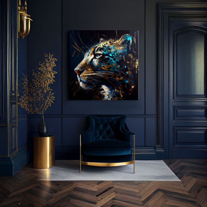 Поп арт картина на платно с мотив PREMIUM ART - Spotted Hunter's Elegance в синьо-златно нюанси, величествена атмосфера, луксозно впечатление и сила – продукт, изглед 2