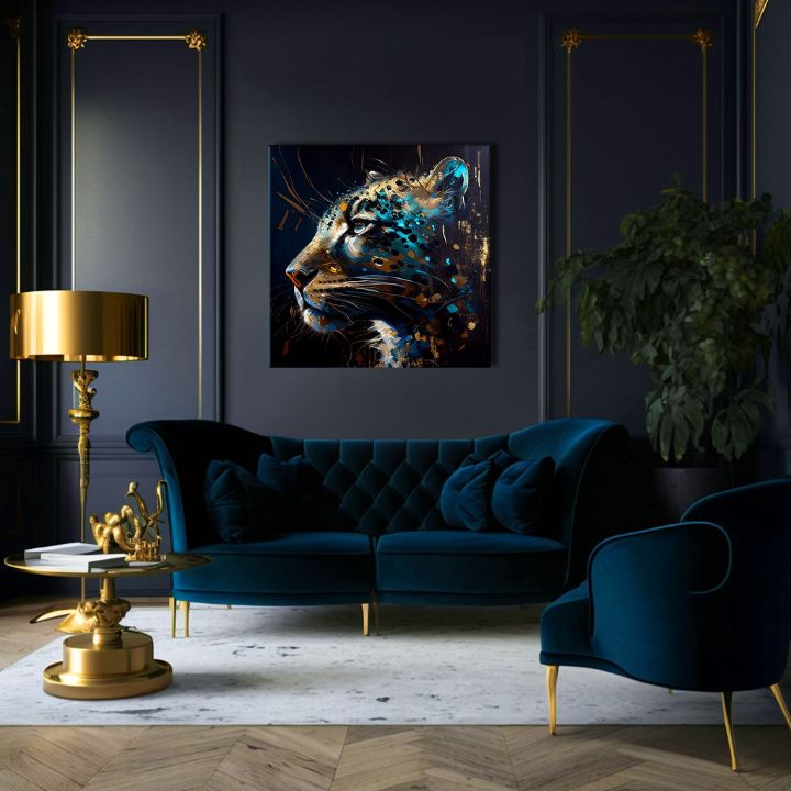 Поп арт картина на платно с мотив PREMIUM ART - Spotted Hunter's Elegance в синьо-златно нюанси, величествена атмосфера, луксозно впечатление и сила – продукт, изглед 3