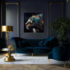 Поп арт картина на платно с мотив PREMIUM ART - Spotted Hunter's Elegance в синьо-златно нюанси, величествена атмосфера, луксозно впечатление и сила – продукт, изглед 3