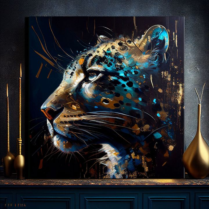Поп арт картина на платно с мотив PREMIUM ART - Spotted Hunter's Elegance в синьо-златно нюанси, величествена атмосфера, луксозно впечатление и сила – продукт