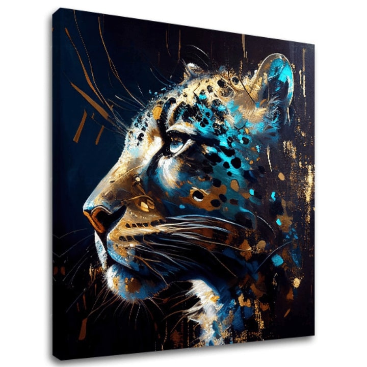 Поп арт картина на платно с мотив PREMIUM ART - Spotted Hunter's Elegance в синьо-златно нюанси, величествена атмосфера, луксозно впечатление и сила – основна