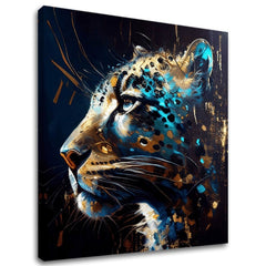 Поп арт картина на платно с мотив PREMIUM ART - Spotted Hunter's Elegance в синьо-златно нюанси, величествена атмосфера, луксозно впечатление и сила – основна