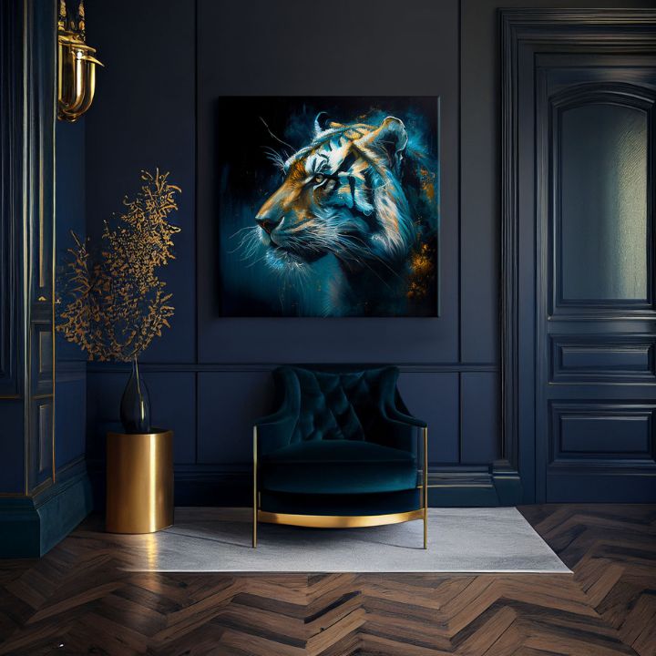 Арт деко картина на платно с мотив PREMIUM ART - Tiger's Mighty Spirit, тигър в синьо-оранжево нюанси, интензивна атмосфера, подходяща за офис – продукт, изглед 2