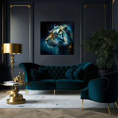 Арт деко картина на платно с мотив PREMIUM ART - Tiger's Mighty Spirit, тигър в синьо-оранжево нюанси, интензивна атмосфера, подходяща за офис – продукт, изглед 3