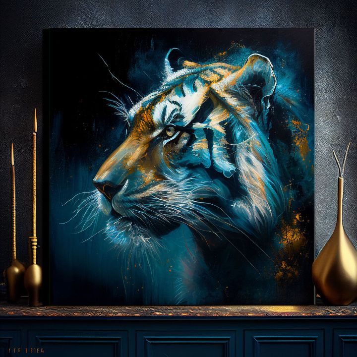 Арт деко картина на платно с мотив PREMIUM ART - Tiger's Mighty Spirit, тигър в синьо-оранжево нюанси, интензивна атмосфера, подходяща за офис – продукт