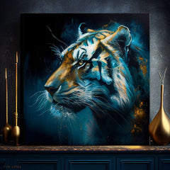 Арт деко картина на платно с мотив PREMIUM ART - Tiger's Mighty Spirit, тигър в синьо-оранжево нюанси, интензивна атмосфера, подходяща за офис – продукт
