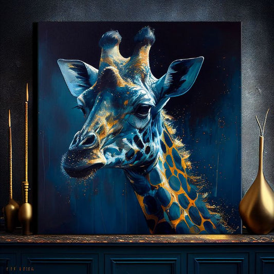 Поп арт картина на платно с мотив PREMIUM ART - Towering Majesty of Giraffe, пейзаж, природа в синьо-златно нюанси, природа, подходяща за работен кабинет – продукт