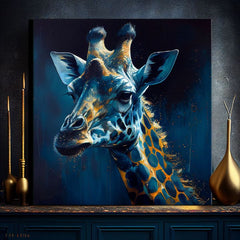 Поп арт картина на платно с мотив PREMIUM ART - Towering Majesty of Giraffe, пейзаж, природа в синьо-златно нюанси, природа, подходяща за работен кабинет – продукт
