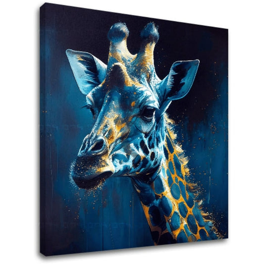 Поп арт картина на платно с мотив PREMIUM ART - Towering Majesty of Giraffe, пейзаж, природа в синьо-златно нюанси, природа, подходяща за работен кабинет – основна