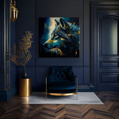 Арт деко картина на платно с мотив PREMIUM ART - Wilderness in Wolf Eyes, vlk в синьо-златно нюанси, интензивна атмосфера, подходяща за работен кабинет – продукт, изглед 2