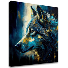 Арт деко картина на платно с мотив PREMIUM ART - Wilderness in Wolf Eyes, vlk в синьо-златно нюанси, интензивна атмосфера, подходяща за работен кабинет – основна