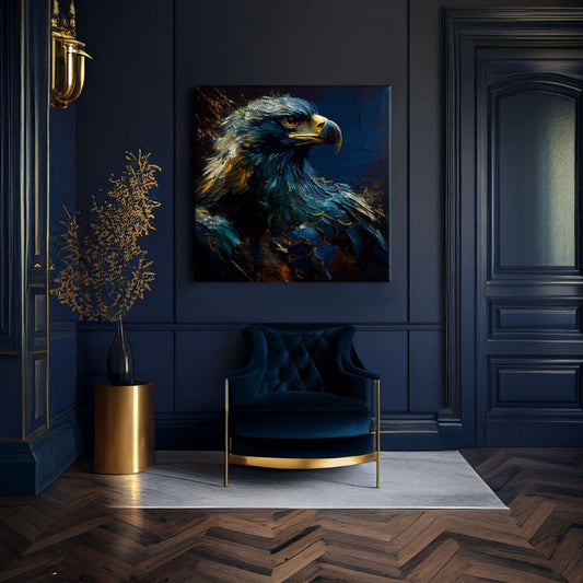 Арт деко картина на платно с мотив PREMIUM ART - Wilderness's Fearless Hunter, orol в синьо-златно нюанси, величествена атмосфера, подходяща за офис – продукт
