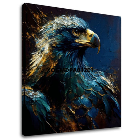 Арт деко картина на платно с мотив PREMIUM ART - Wilderness's Fearless Hunter, orol в синьо-златно нюанси, величествена атмосфера, подходяща за офис – основна
