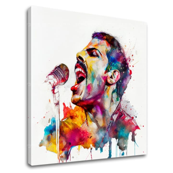 Поп арт картина на платно с мотив Ikonický rebel Freddie Mercury, микрофон в виолетово-синьо нюанси, енергична атмосфера, рок енд рол, подходяща за работен кабинет – основна