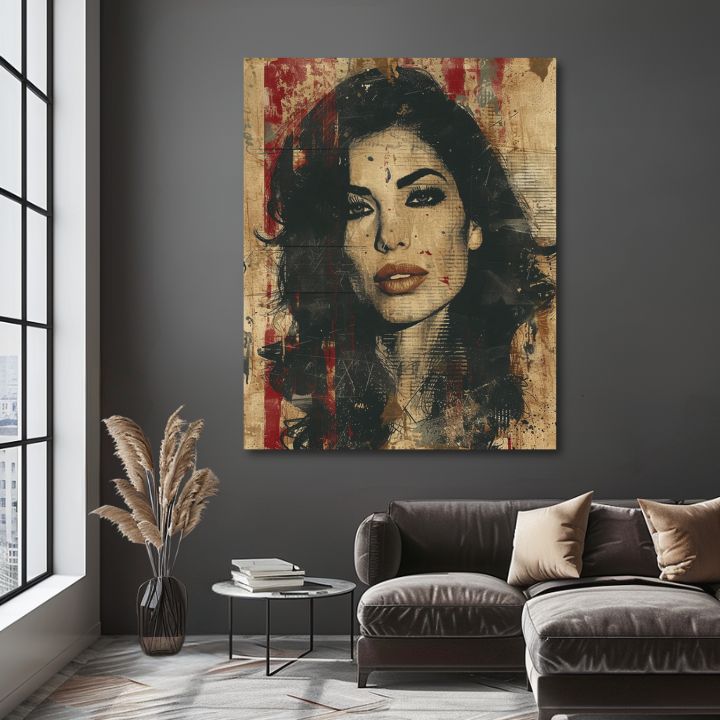 Модерна картина на платно с мотив Amy Winehouse - Hlboký изглед duše в бежово-черно нюанси, дръзка атмосфера, красота | Картина Amy Winehouse - Hlboký изглед duše – продукт, изглед 2