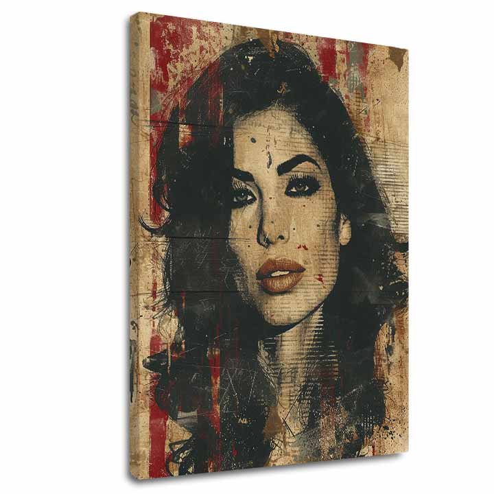 Модерна картина на платно с мотив Amy Winehouse - Hlboký изглед duše в бежово-черно нюанси, дръзка атмосфера, красота | Картина Amy Winehouse - Hlboký изглед duše – основна
